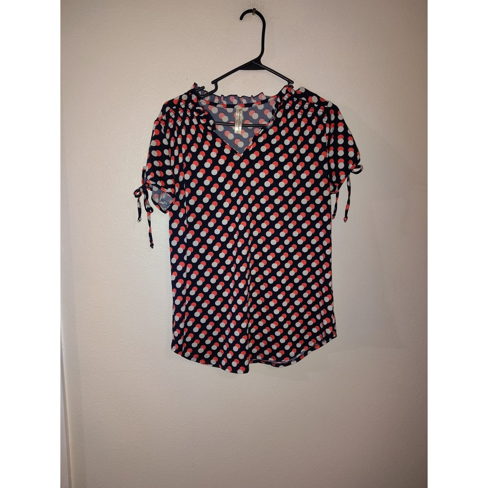 PerSeption Concept Womens Polka Dot V-Neck Ruffle Blouse Navy Pink White Small
